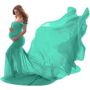 Women Maternity Dress for Photography Mermaid Off Shoulder Slim Fitted Chiffon Gown Flowy Baby Shower Maxi Photo Props Dress (One Size, Green)