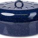 IMUSA USA 18" Traditional Vintage Style Blue Speckled Enamel on Steel Covered Oval Roaster