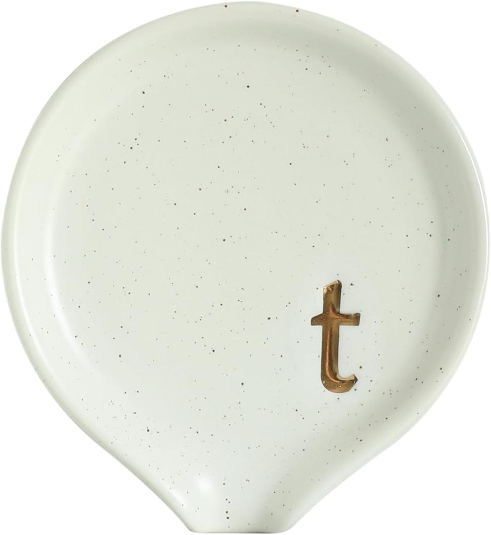 COLLECTIVE HOME - Ceramic Coffee Spoon Rest, Monogram Ceramic Spoon Holder, 3.8 Inches Coffee Spoon Holder, Mini Teaspoon Rest, Small Spoon Holder for Stove Coffee Bar (t)