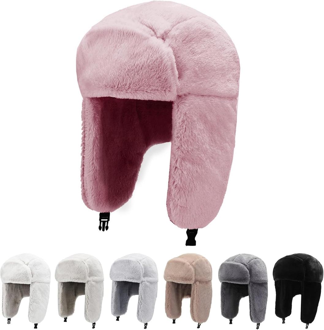 Peicees Winter Hats for Men Womens Fur Hats Russian Ushanka Trapper Hat with Ear Flaps Warmer for Adult (7-7 5/8, Pink)