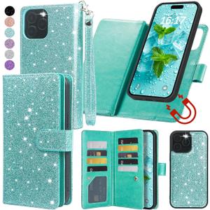 Varikke for iPhone 15 Pro Max Wallet Case Detachable with Card Holder for Women, Fashion Glitter Leather Strap Magnetic Flip Wallet Removable Phone Case Cover for iPhone 15 Pro Max 6.7", Mint Green