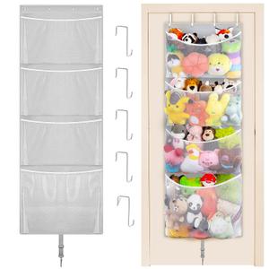 Hanging Stuffed Animal Storage, Over Door Large Plush Toy Organizer with Metal Hook, Baby Accessory Holder Idea for Nursery, Doll & Bear Mesh Hammock Bag for Girl Boy Kid Room (Grey)