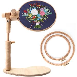 ZOCONE Beech Wood Adjustable Rotated Embroidery Hoop Stand with 2 Pcs 6'' 8'' Embroidery Hoops, Wooden Embroidery Stand, Embroidery Hoop Holder for Cross Stitch and Embroidery Project (A)