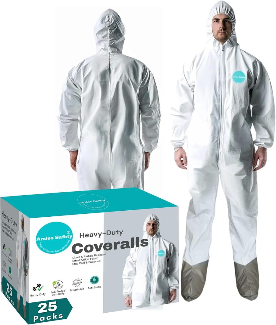 Andes 25 Pack Hazmat Suits with Boots, Lab Coveralls, Size X-Large