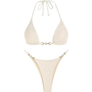 ZAFUL Bikini Sets for Women Halter Two Piece Swimsuits Sexy Triangle Bikinis Textured Cheeky Bathing Suit (Beige, M)