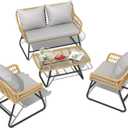YITAHOME 4 Piece Patio Furniture Set, Outdoor Wicker Furniture Set with Removable Cushion, Rattan Patio Loveseat Set for Garden, Backyard, and Deck, Armchairs, Glass Side Table, Light Gray & Beige