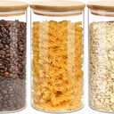 VIEWELLD 1.5 Qt Round Glass Storage Containers with Lids, Clear Food Storage Container Jar with Sealing Bamboo Lid for Noodles Flour Cereal Rice Sugar Tea Coffee Beans, Round Set of 3