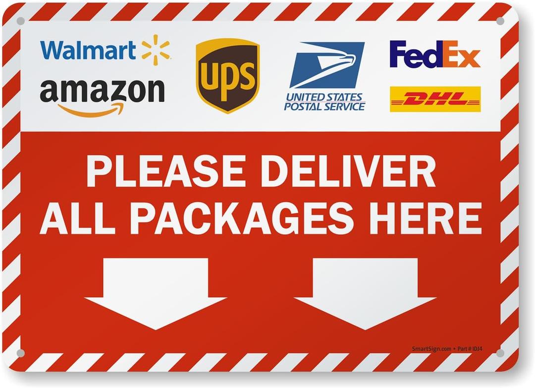 SmartSign Package Delivery Sign - 14" x 10", Please Deliver All Packages Here Metal Sign With Down Arrow and Delivery Partner Logos, 40 mil Laminated Rustproof Aluminum, Striped Border, USA-Made