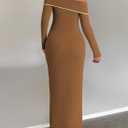 HUUSA Off The Shoulder Dress for Women 2025 Long Sleeve Bodycon Sexy Party Maxi Color Block Dresses (Brown, L)
