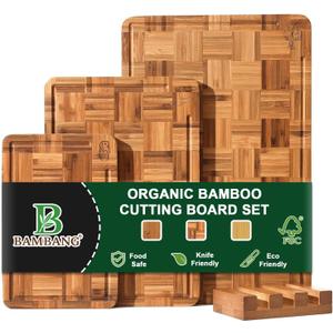 BAMBANG Bamboo Cutting Board for Kitchen with Juice Groove, End-Grain Butcher Block Chopping Boards, Checkered Wooden Cutting Boards Set of 3 with Stand, Knife-Friendly, Serving Tray