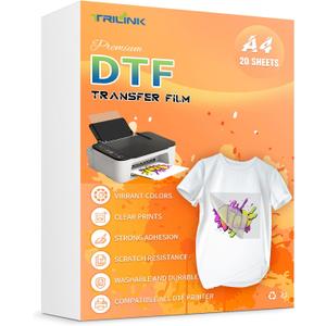 DTF Transfer Film Paper A4 (8.5" x 11") - 20 Sheets Premium PET Direct to Film Transfer Paper for Sublimation - Works on Cotton, Polyester and More Fabrics - Ideal for T-Shirts Printing