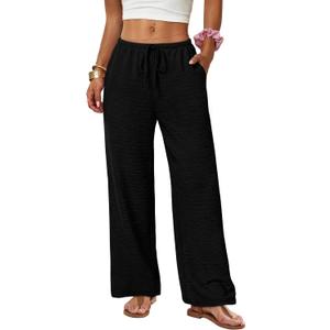 Sampeel Wide Leg Pants for Women Flowy Palazzo Drawstring Elastic Waist Trousers with Pockets Summer Beach Vacation Clothes M