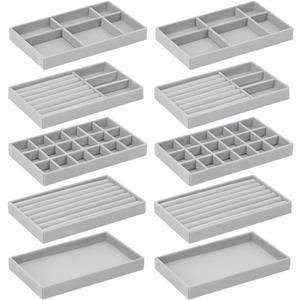 10 Pack Jewelry Organizer Tray Drawer Inserts Stackable Velvet Liner Dividers Customizable Jewellery Box Foam Ring Earring Holder Necklace Bracelet Storage Display Dish Flat in Dresser Vanity