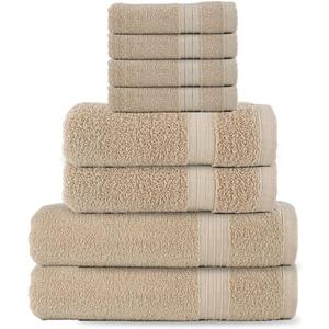 8-Piece Towel Set - 100% Cotton, Super Soft & Highly Absorbent - Includes 2 Bath Towels (27x54), 2 Hand Towels (16x28), 4 Washcloths (13x13) - Beige