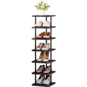 SORCEDAS 7 Tiers Vertical Shoe Rack Wooden Shoe Storage Organizer for Space Saving Narrow Shoe Shelf Storage 7 Pairs for Entryway Living Room Bedroom(Black + Rustic Dark Brown)