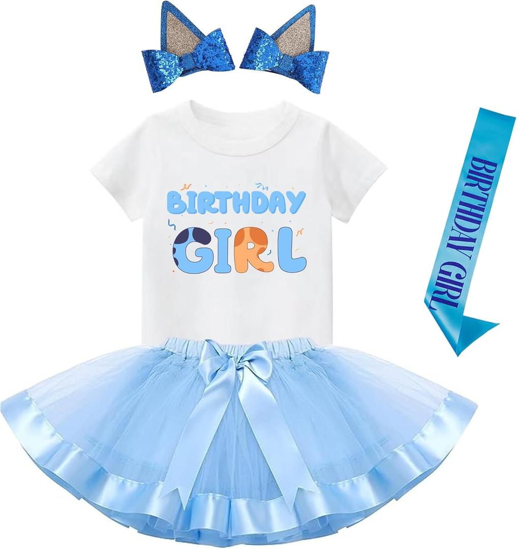 K-Acc Birthday Girl Outfit - T-Shirt, Blue Ears, Tutu Dress, Satin Sash – Gifts for Girls Birthday Party (9-10 Years, White)