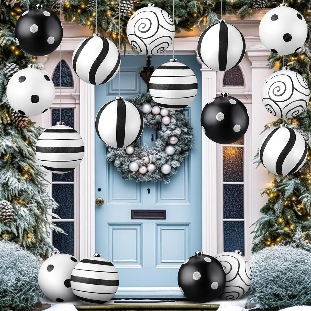 Meooeck 6 Pack Black and White Party Decor 6'' Glitter Black and White Ornaments Graduation 2025 Classroom Decoration Plastic Hanging Ornaments for Birthday Wedding Bridal Shower