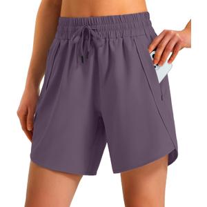Ksmien Women's 5"/ 7" Athletic Running Shorts Quick Dry Lightweight Workout Gym Shorts with Zipper Pockets UPF 50+ (Purple, L)