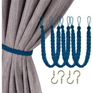 Home Queen Hand Braided Curtain Tieback, Buckle Drapery Curtain Tie Back, 4 Rope Belt Curtain Tie with 4 Metal Hooks, Navy
