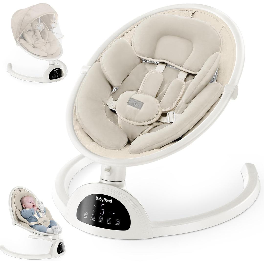 BabyBond Baby Swings for Infants, Bluetooth Infant Swing with Music Speaker, 3 Seat Positions, 5 Point Harness Belt, 5 Speeds and Remote Control - Portable Baby Swing for Indoor and Outdoor (Beige)