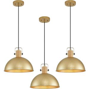 12 Inch Gold Pendant Lights Hammered Matte Pendant Lights for Kitchen Island Industrial Farmhouse Adjustable Height Dome Hanging Light Fixtures for Barn, Dining Room 3 Packs