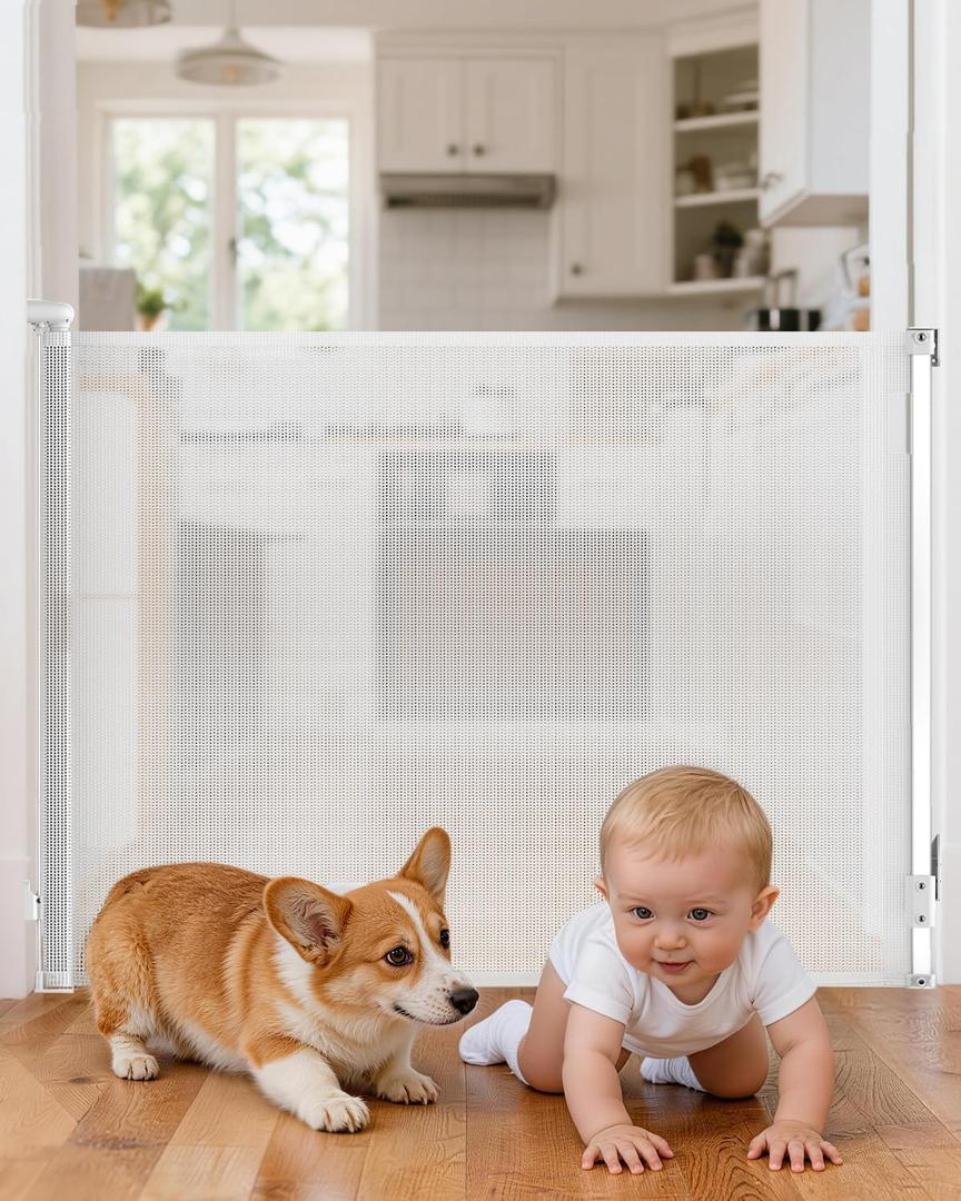 Retractable Baby Gate for Stairs, 55" Wide 38" High Pet Gate with Auto-Retract System, One-Hand Operation, Mesh Baby Gate for Doorways, Hallways, Decks, Indoor & Outdoor, White