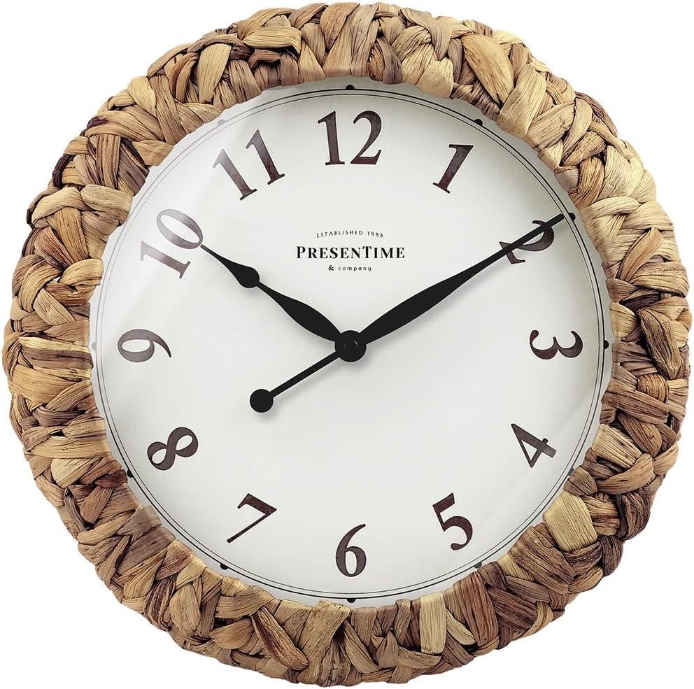 Presentime & Co. Farmhouse Series, Rustic Woven Clock, 14 inch, Natural Woven Water Hyacinth/Sea Grass. Wall Sculpture, Wall Art and Timepiece for Home Decoration/Decoration/Farmhouse Dcor