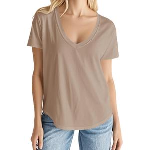 Smile Fish Summer Women V Neck Short Sleeve T-Shirt Relaxed Fit Curved Hem Casual Tops (Beige, XXL)