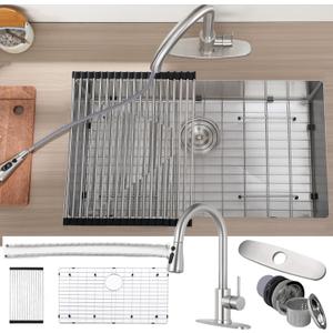16 Gauge Stainless Steel Kitchen Sink Single Bowl Sink with Kitchen Faucet, Roll Up Rack and Bottom Dish Grip Support Top or Under Mount Install Sink for Kitchen (30"x18")