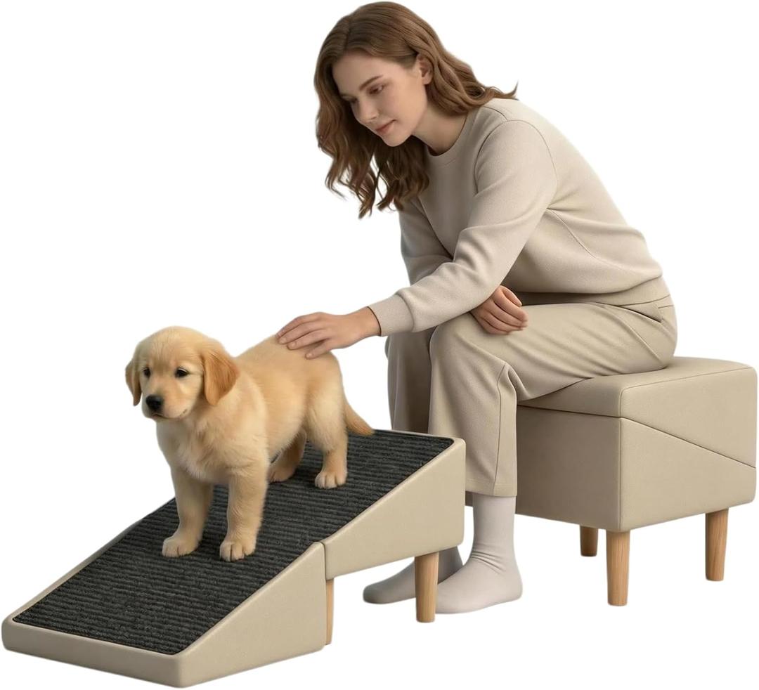 Split Ottoman Dog Ramp Flip - Foldable Dog Ramp Ottoman Stool for Bed & Couch, Indoor Orthopedic Pet Ramp with Wooden Base Support for Small & Medium Dogs, Dachshund & Puppy Safety Ramp, Gray