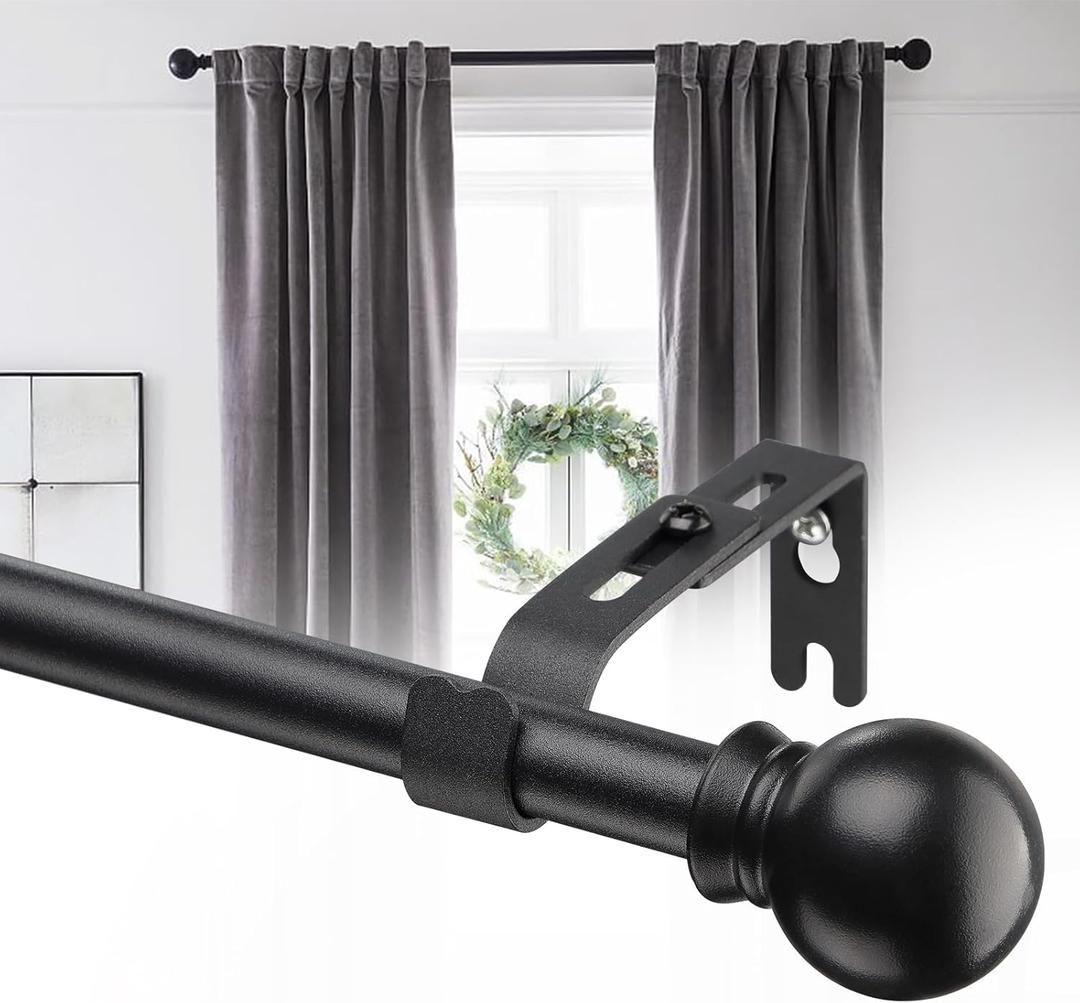 Curtain Rods for Windows 32in, Matte Black Curtain Rod with Simple Round Finials, Metal Drapery Rods for Bedroom, Kitchen, Cafe, Anti-Rust Steel Single Rod with Wall Mounted Bracket, Black