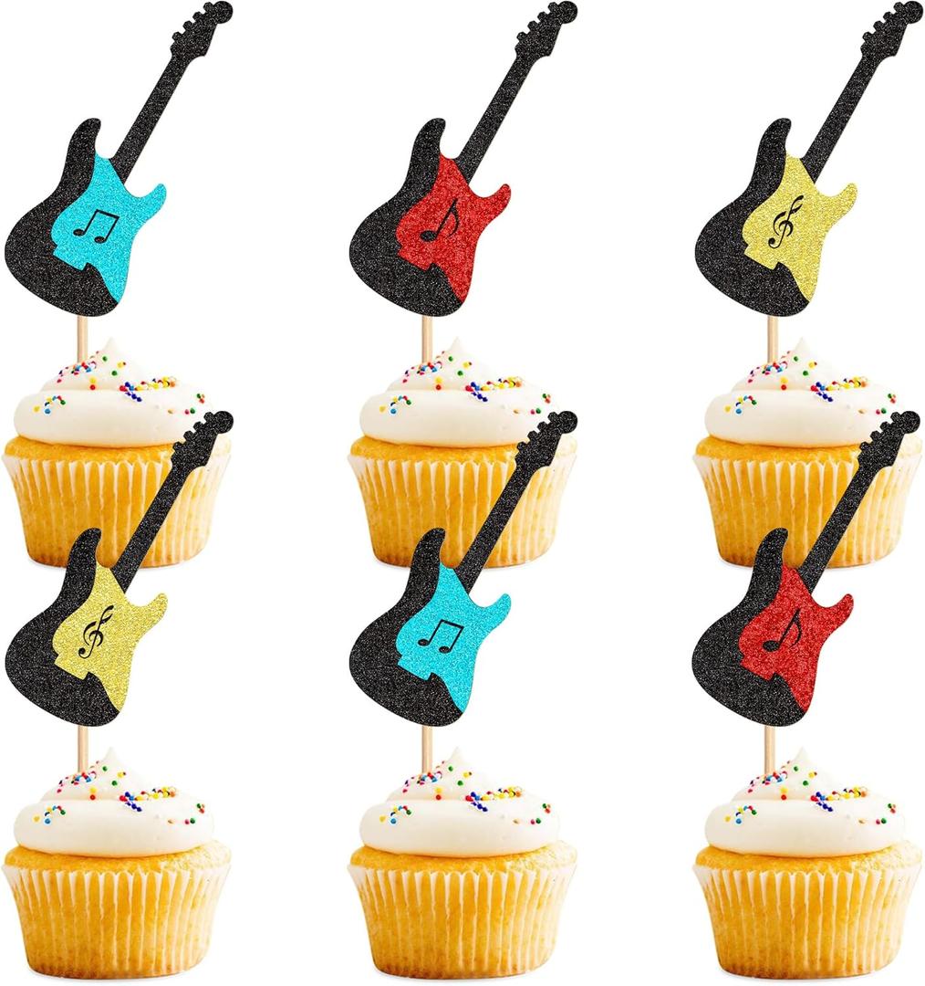 Ercadio 24PCS Guitar Cupcake Toppers Glitter Guitar Rock Music Cupcake Picks for Music Lover's Birthday Rock and Roll Party Decorations Guitar Theme Birthday Baby Shower Supplies (Blue)