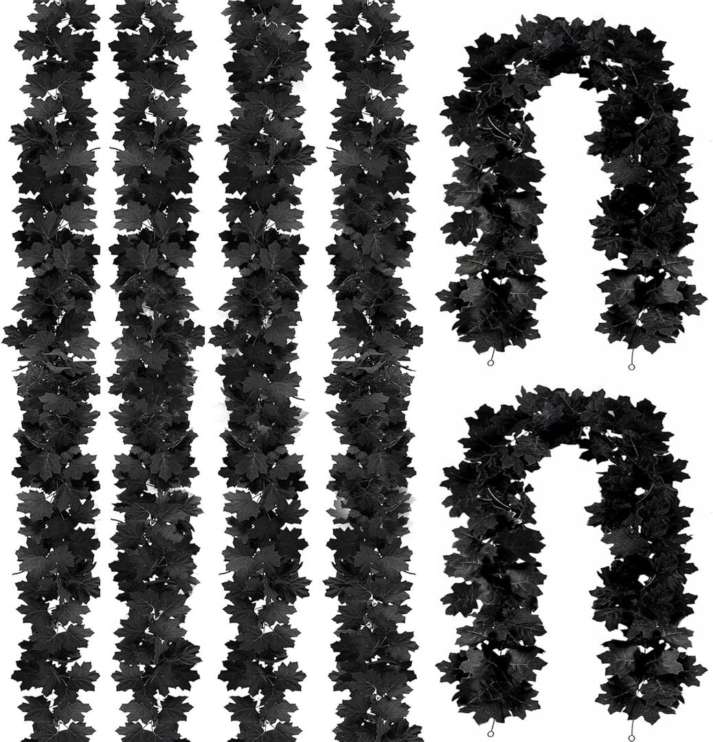 Joyhalo 6 Pack 5.7FT Black Maple Leaf Garland, Halloween Artificial Hanging Black Vines, Halloween Outdoor Garland for Mantle Door Frame, Fireplace and Thanksgiving Decor