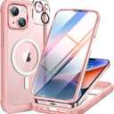 Miracase Glass Series for iPhone 15 Case [Compatible with MagSafe] Full-Body Magnetic Case with Built-in 9H Tempered Glass Anti-Fingerprint Screen Protector + Camera Lens Protector, Baby Pink