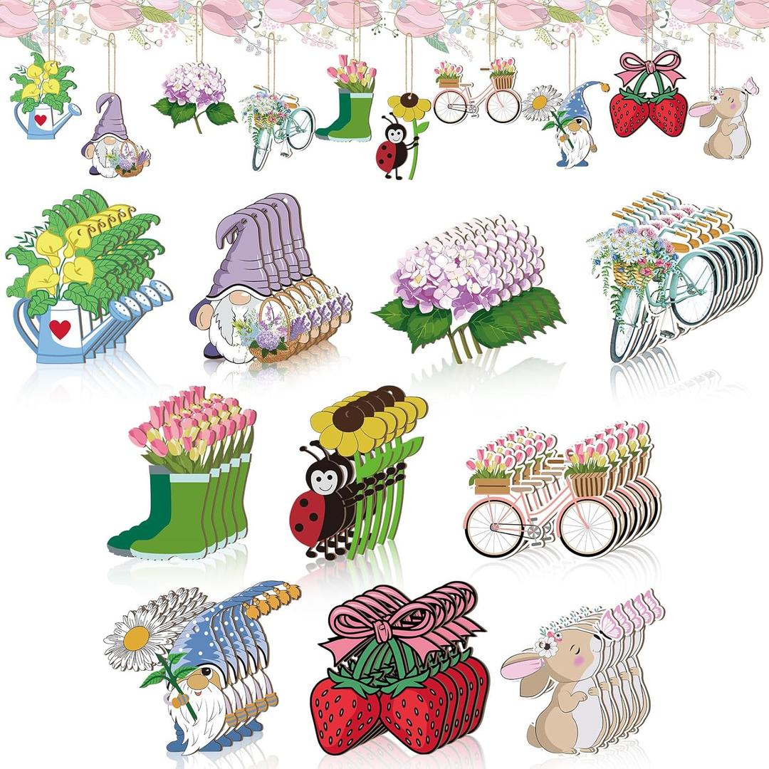 Leinuosen 50 Pcs Spring Flower Wood Ornaments Vintage Spring Floral Gnome Strawberry Wooden Hanging Cutouts Ornaments for Home Crafts Easter Summer Birthday Wedding Party Decorations (Purple)
