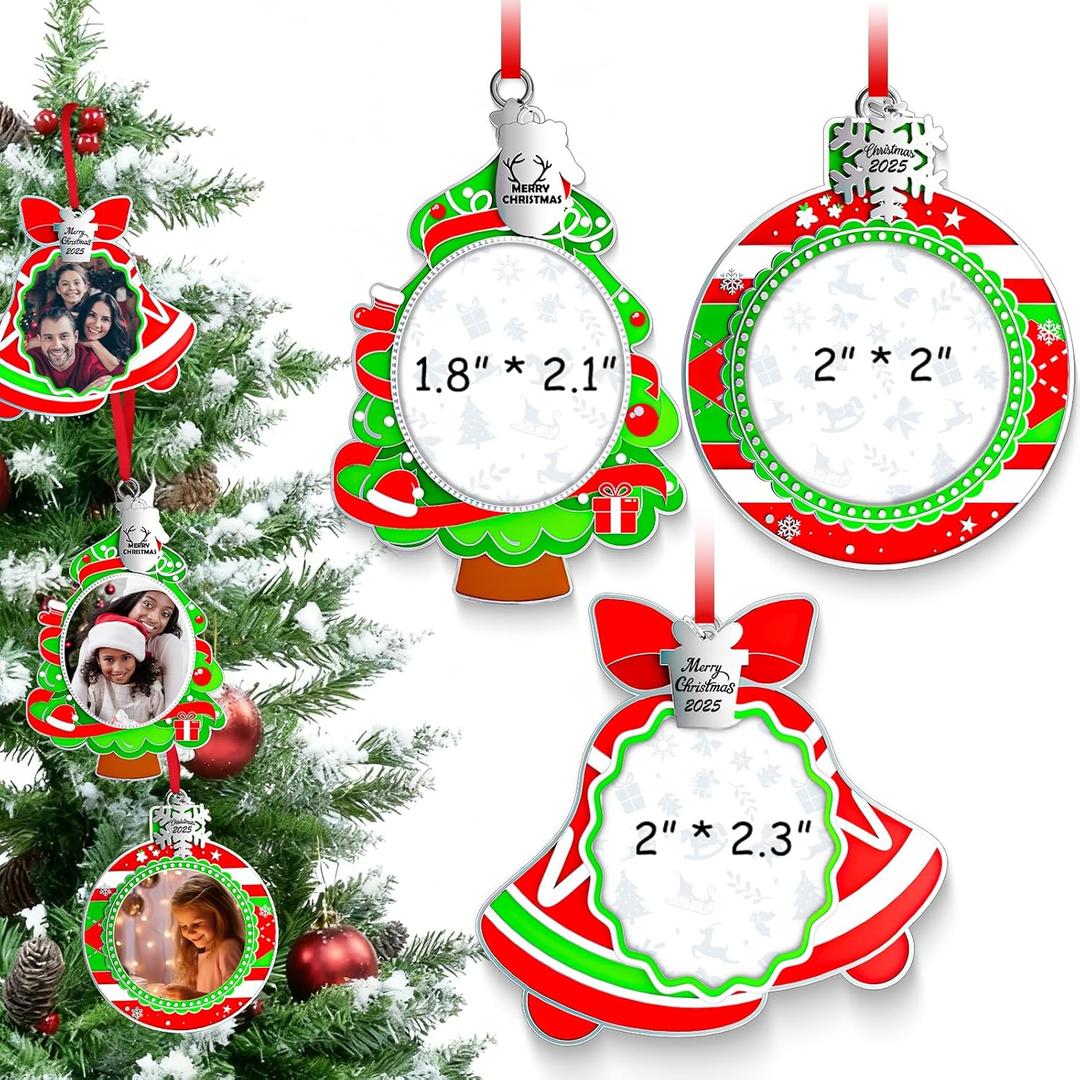 MGparty 3 Pack Christmas Picture Frame Ornaments Xmas Metal Hanging Photo Frame with Pendants 2025 Holiday Keepsake Gifts Christmas Tree Decorations