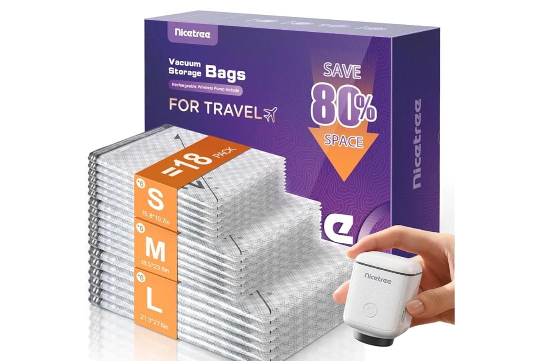 Nicetree 18-Pack Vacuum Seal Bags with Rechargeable Wireless Pump | 3 Sizes (20/24/28 Inch) Travel Vacuum Storage Bags for Clothing, Bedding & Seasonal Storage | Space Saver for Luggage