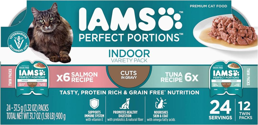 IAMS Perfect Portions Grain Free Wet Cat Food, Indoor Adult Cat Food Wet Cuts in Gravy, Variety Pack: Tuna & Salmon Recipe, 1.98 lb. (Pack of 1) Twin-Pack Trays (EXP 05/02/28)