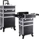 FRENESSA 3 in 1 Rolling Makeup Train Case Professional Cosmetic Trolley Large Storage with Keys Swivel Wheels Salon Barber Case Traveling Cart Trunk for Make Up Hairstylists Nail Tech, Vintage Black (EXP 02/04/26)