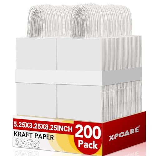 XPCARE 200Pcs Paper Gift Bags 5.25x3.25x8.25'', Gift Wrap Bags with Handles White Kraft Paper Bags for Small Business Paper Bags Bulk for Birthday Party Favors Shopping Retail