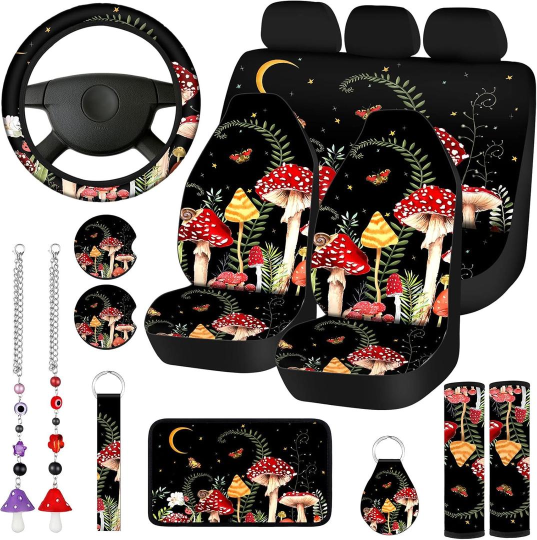 17 Pcs Mushroom Car Seat Covers Car Accessories Full Set for Women Men Automotive Rear Front Seat Protector View Mirror Hanging Ornament Steer Wheel Belt Cover(Forest Mushroom)