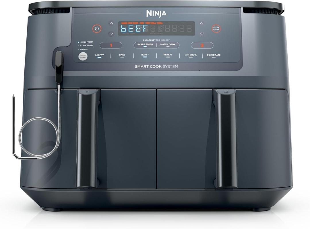 Ninja Foodi Air Fryer w/Smart Cook Thermometer | 6-in-1 Air Fry, Roast, Bake, Dehydrate & More | DualZone Match Cook & Smart Finish, 2 Independent Baskets | XL 10 Qt, Stainless Steel | Grey,DZ550GY