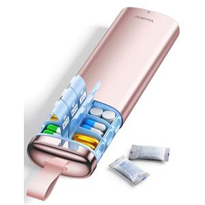 Vaydeer Metal AM/PM Pill Organizer with Built-in Desiccant Compartment, 7 Day Weekly Pill Box, Airtight Moisture-Resistant Seal, Travel Pill Case for Medication & Supplements (Rose Gold)