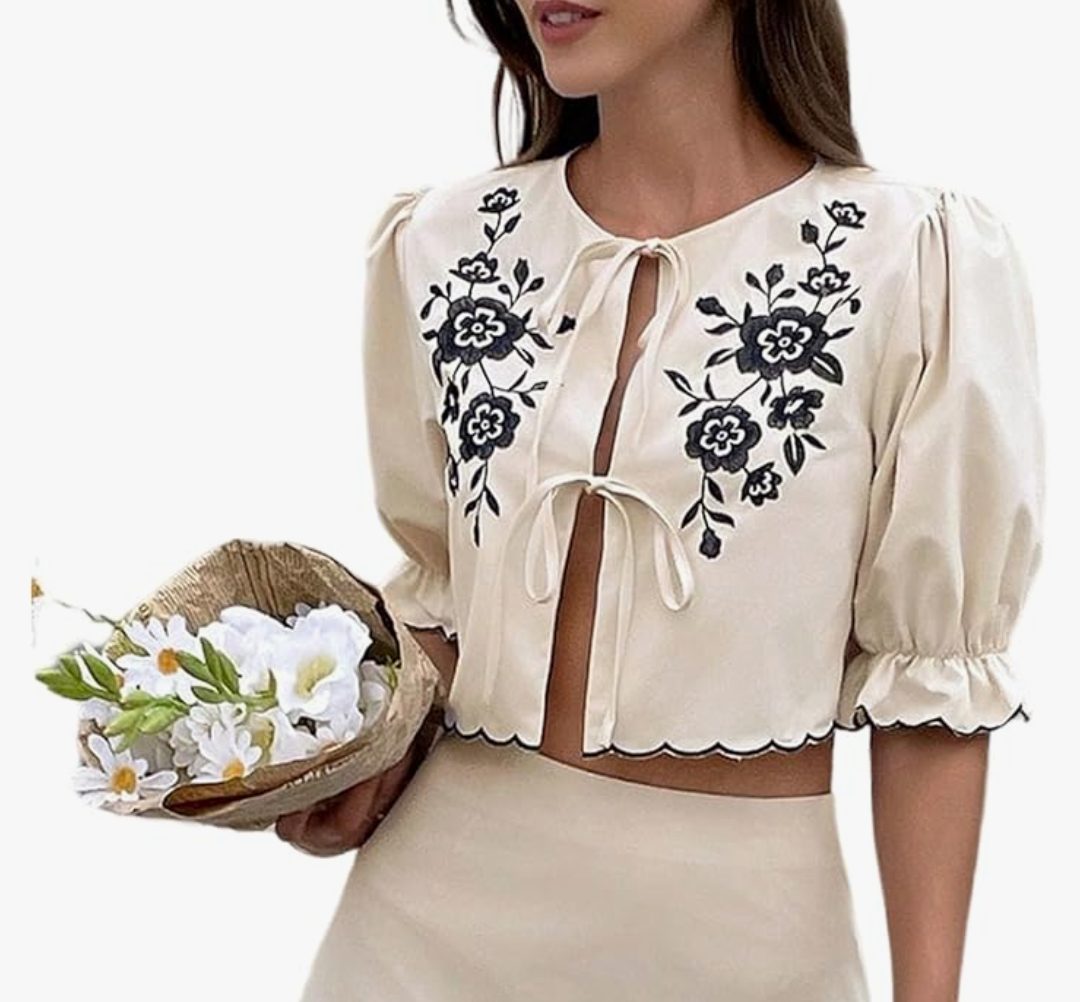 SOLY HUX Women's Summer  Outfits Floral Bow Tie Front Puff Sleeve 1  Blouse.S