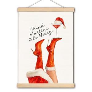 DNEULYR Merry Christmas Martini Cocktail Wall Art Poster, Christmas Bar Decor, Holiday Xmas Hat Cocktail High-Heel Poster Hanger Frame for Home Kitchen Bar Pub Lounge, 12x16 Inches