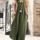 WDIRARA Women's Wide Leg Jumpsuit Loose Overalls V Neck Sleeveless Pants Romper with Pockets (Green, S)