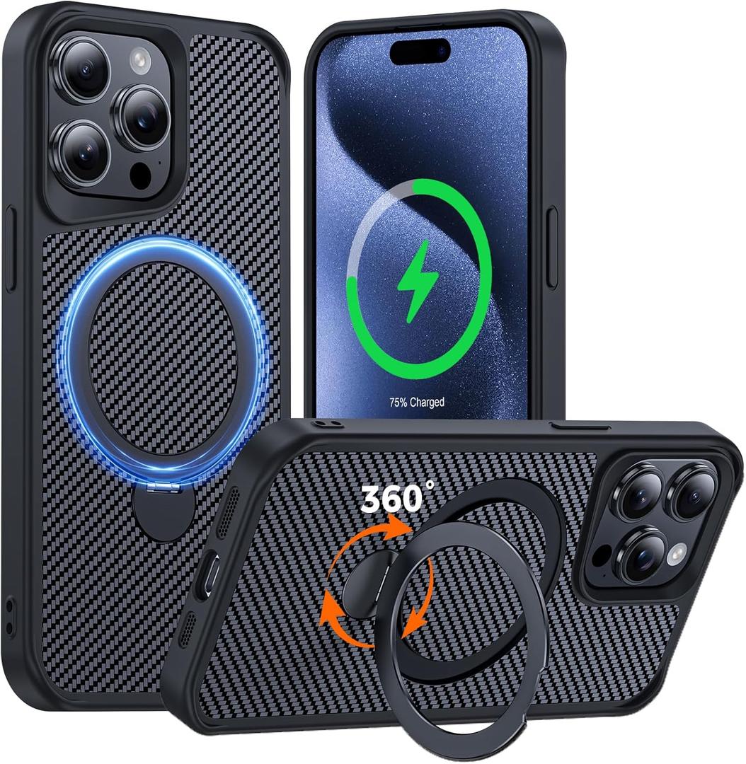 FlyReal Designed for iPhone 15 Pro Case with 360 Magnetic Stand, Carbon Fiber Phone Case [Compatible with Magsafe] [16FT Military Protection] with Rotatable Ring Stand 6.1'', Black