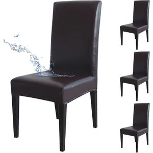 Dining Chair Covers, Solid PU Leather Waterproof Oilproof Stretch Dining Chair Slipcover Chair Seat Protector Cover (Brown, 4 Pack)