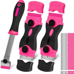 Razor Blade Scraper Tool, 3Pcs Pink Razor Scrapers with 15pcs Metal and 30pcs Plastic Blades, Scraper Tool for Cleaning Paint, Decals, Adhesive, Caulk, Stickers, Glass, Labels, Window, Stovetop (Upgrade Scraper-3pack+45pcs)