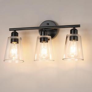 TALOYA 19 Inch Brushed Black Bathroom Light Fixtures with Thickend Clear Tapered Glass Shade, 3-Light Modern Vanity Light Over Mirror for Bathrooms, Bedrooms (Bulbs Not Included)